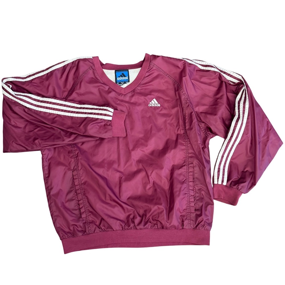 Vintage 90's Adidas Windbreaker Pullover Mens M Burgundy 3-Stripe V-Neck lined